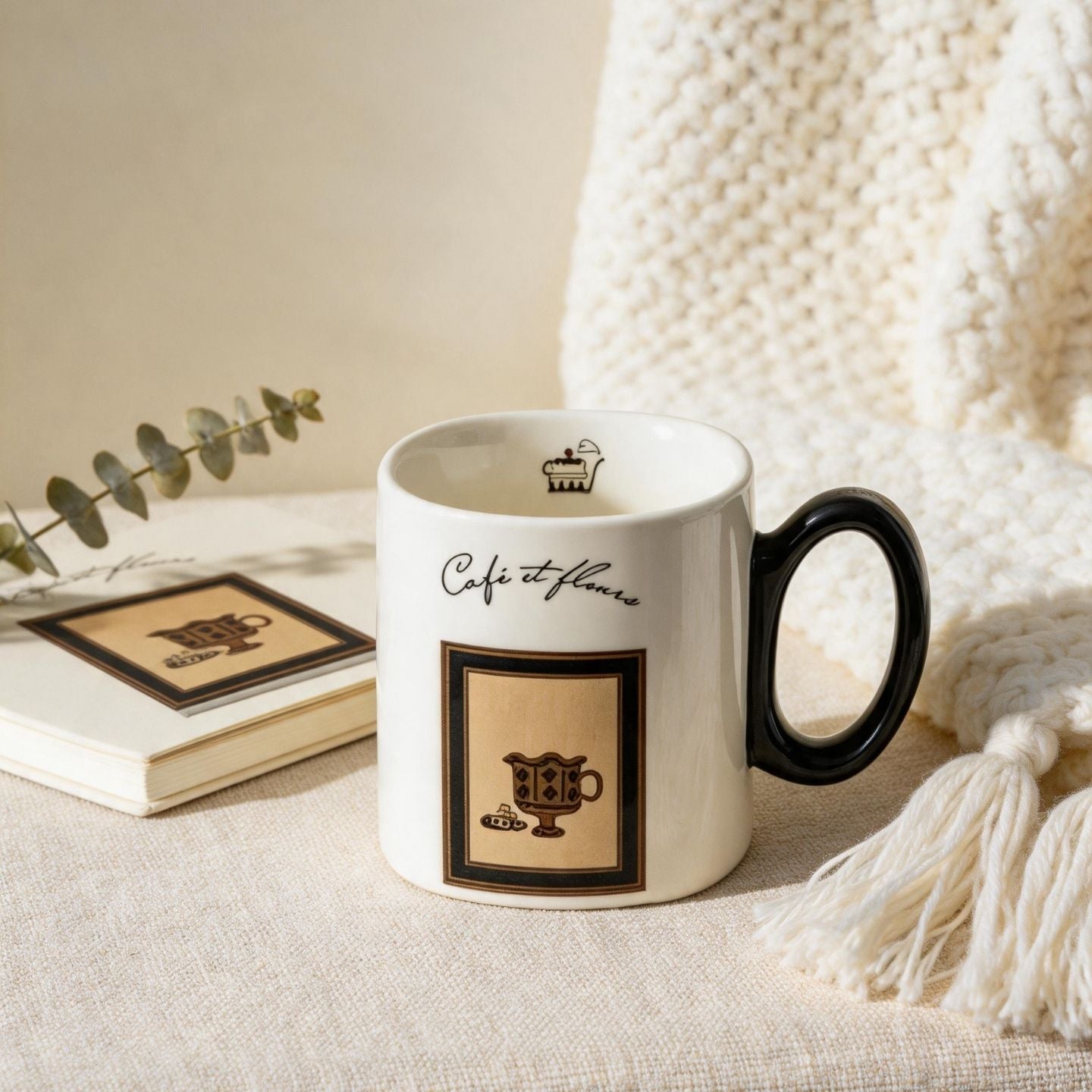 法式復古咖啡陶瓷馬克杯 ins 風方形水杯 家用辦公早餐咖啡杯 French Retro Coffee Print Ceramic Mug, Square Ins-Style Cup