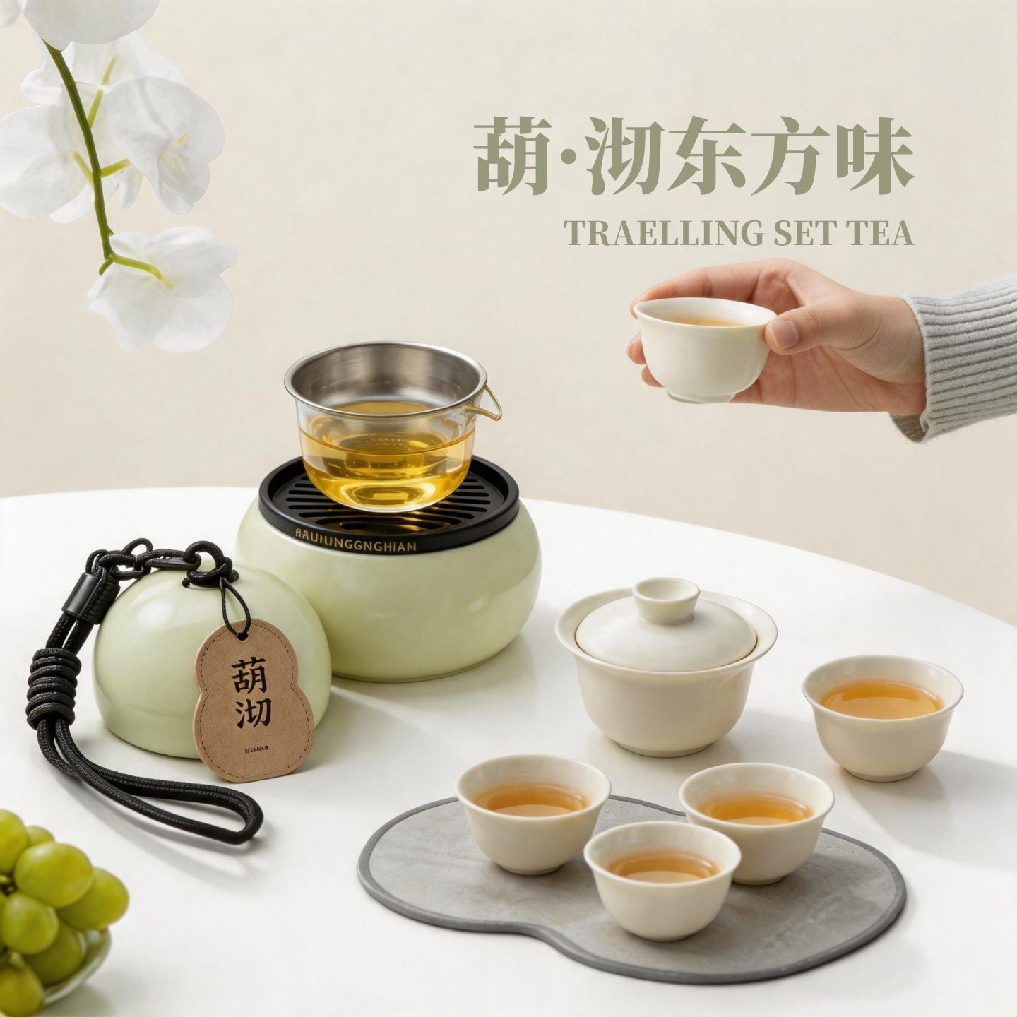 清新淺綠葫蘆便攜功夫茶具 一壺三杯帶茶盤 新中式三人出行隨身泡茶禮盒 Fresh Light Green Gourd Ceramic Travel Tea Set with Tray, Chinese Style Gift Kit for 3 People