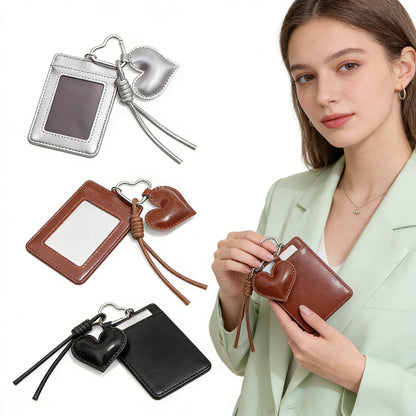 皮質卡套愛心掛墜超薄卡位身份證公交校園卡門禁卡套 Leather Card Holder with Heart Pendant, Ultra-thin Slots for ID Cards, Bus Cards, Campus Cards and Access Control Cards