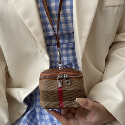 帆布皮革小巧零錢包ins風簡約便攜掛脖口紅化妝包耳機包 Canvas and leather small coin purse, trendy simple portable neck-hanging lipstick makeup bag and earphone pouch
