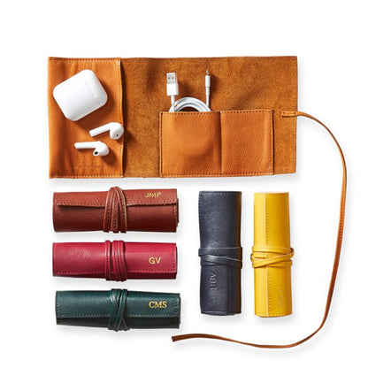 多功能耳機數碼配件旅行皮革收納包數據線充電頭卷包 Leather Makeup Brush Bag, Outdoor Portable Travel Makeup Brush Storage Bag, Eyeshadow Storage Bag