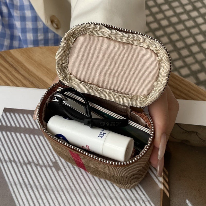 帆布皮革小巧零錢包ins風簡約便攜掛脖口紅化妝包耳機包 Canvas and leather small coin purse, trendy simple portable neck-hanging lipstick makeup bag and earphone pouch