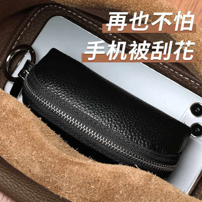 皮質多功能拉鏈式鑰匙包小巧鎖匙包大容量收納包男女車鑰匙包 Leather multifunctional zippered key pouch, compact key case, large capacity storage bag for men and women, car key holder