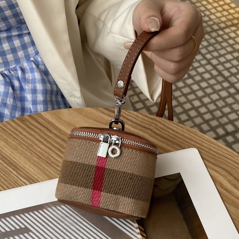 帆布皮革小巧零錢包ins風簡約便攜掛脖口紅化妝包耳機包 Canvas and leather small coin purse, trendy simple portable neck-hanging lipstick makeup bag and earphone pouch