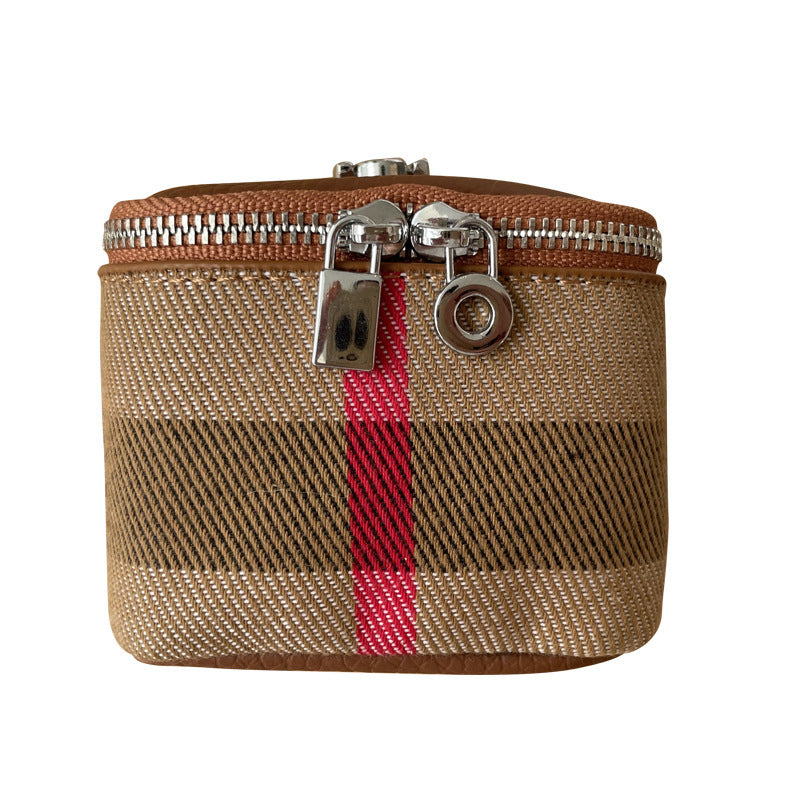 帆布皮革小巧零錢包ins風簡約便攜掛脖口紅化妝包耳機包 Canvas and leather small coin purse, trendy simple portable neck-hanging lipstick makeup bag and earphone pouch