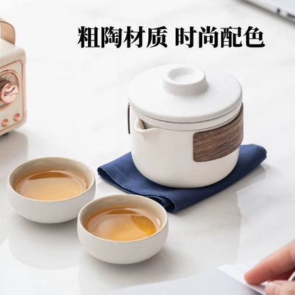 米白粗陶木柄單人一壺兩杯快客杯 極簡風 辦公室居家短途隨身泡茶器 Cream White Rough Clay Single Travel Tea Mug with Wood Wrap, Minimalist Portable Brewer
