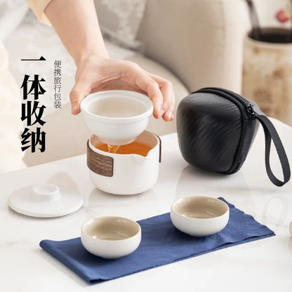 米白粗陶木柄單人一壺兩杯快客杯 極簡風 辦公室居家短途隨身泡茶器 Cream White Rough Clay Single Travel Tea Mug with Wood Wrap, Minimalist Portable Brewer