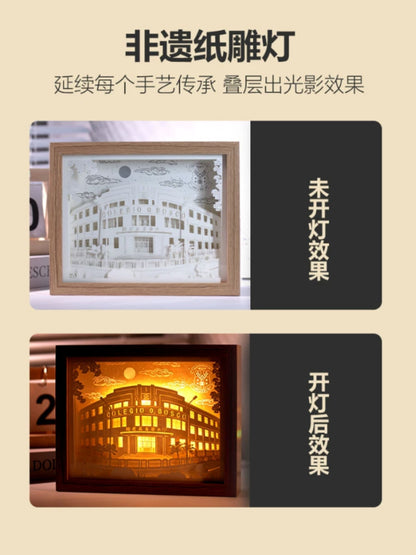 圓角白框古風樓閣山水方形紙雕小夜燈 簡約桌面治癒氛圍燈 國風小眾生日紀念文創擺件 Rounded Corner White Frame Ancient Pavilion Square Paper Lamp, Minimalist Healing Desk Night Light