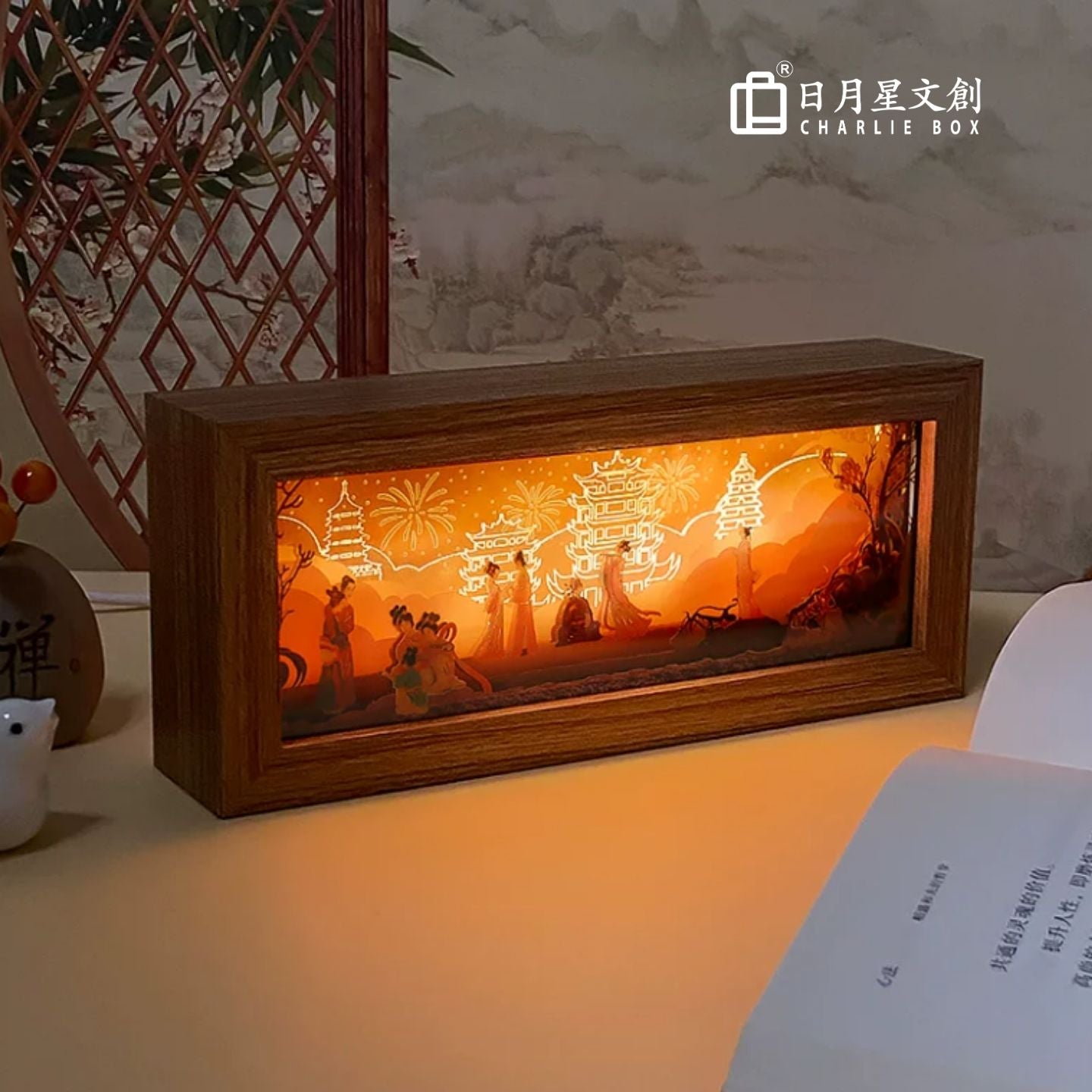 中秋佳節古風仕女賞月橫版實木 3D 紙雕燈 長框立體光影小夜燈 私人定製中秋商務文創禮品 Mid-Autumn Ancient Ladies Horizontal Wood Frame 3D Paper Carving Lamp, Custom Business Gift