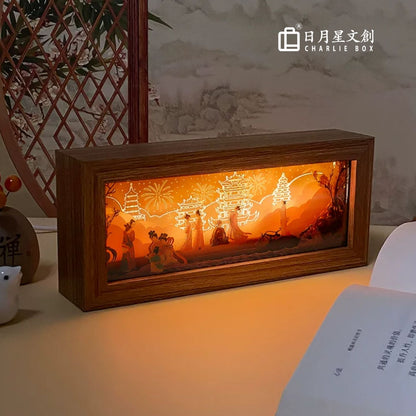 中秋佳節古風仕女賞月橫版實木 3D 紙雕燈 長框立體光影小夜燈 私人定製中秋商務文創禮品 Mid-Autumn Ancient Ladies Horizontal Wood Frame 3D Paper Carving Lamp, Custom Business Gift