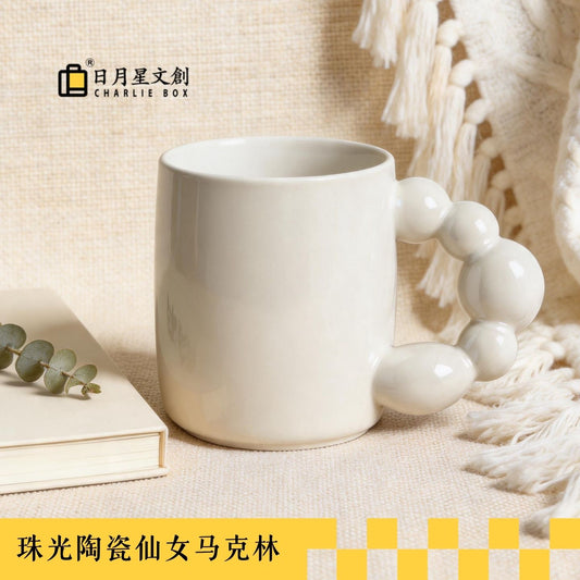 奶白串珠把手陶瓷馬克杯 創意 ins 風水杯 家用辦公咖啡早餐杯 Cream White Beaded Handle Ceramic Mug, Creative Ins-Style Cup for Home & Office