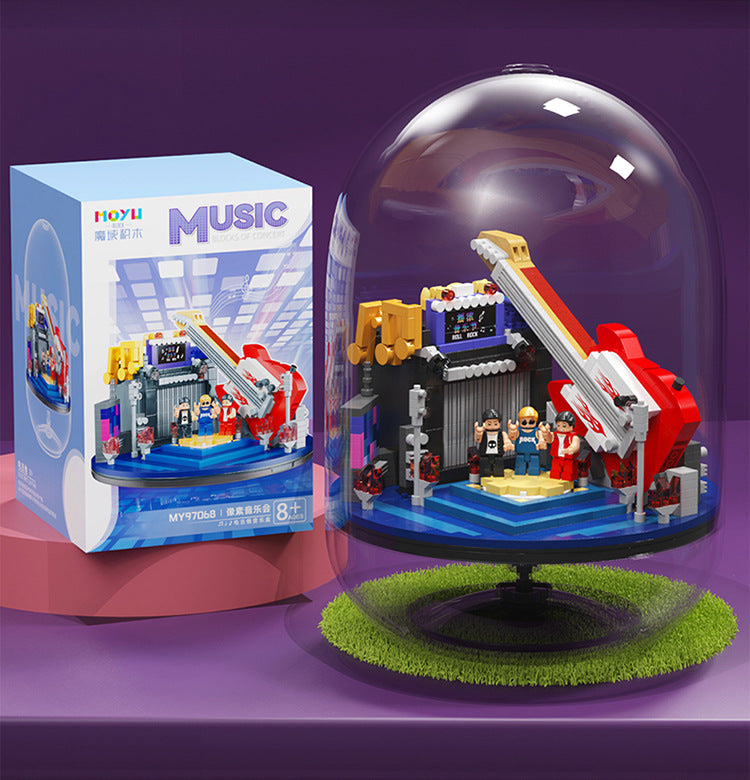 微顆粒積木吉他鋼琴音樂盒透明罩擺件創意生日禮物 Micro Particle Building Blocks Guitar Piano Music Box with Transparent Cover Creative Birthday Ornament Gift