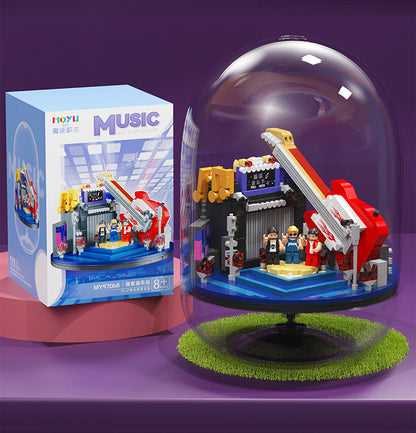 微顆粒積木吉他鋼琴音樂盒透明罩擺件創意生日禮物 Micro Particle Building Blocks Guitar Piano Music Box with Transparent Cover Creative Birthday Ornament Gift