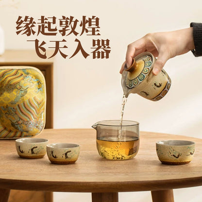 敦煌飛天復古粗陶快客杯 國潮便攜一壺三杯 文創旅行隨身功夫茶具 Dunhuang Flying Apsaras Retro Clay Travel Tea Set, National Trend Portable Tea Kit