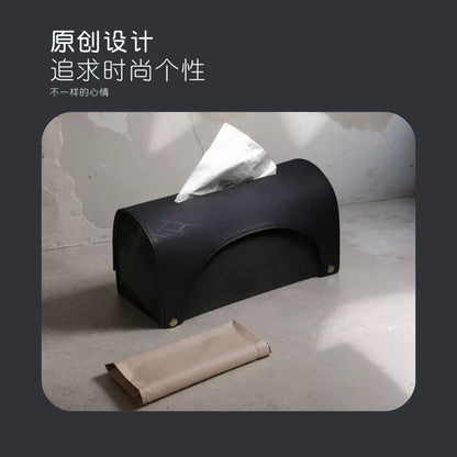 復古拱形明線皮革紙巾盒 工裝風桌面抽紙盒 咖啡廳工作室軟裝紙巾收納盒 Vintage Arch Stitched Leather Tissue Box, Industrial Style Napkin Organizer