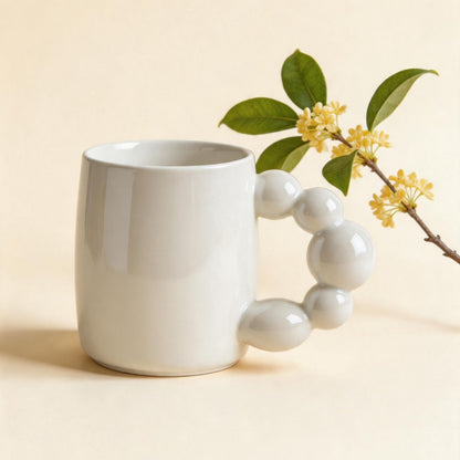 奶白串珠把手陶瓷馬克杯 創意 ins 風水杯 家用辦公咖啡早餐杯 Cream White Beaded Handle Ceramic Mug, Creative Ins-Style Cup for Home & Office