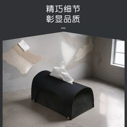 復古拱形明線皮革紙巾盒 工裝風桌面抽紙盒 咖啡廳工作室軟裝紙巾收納盒 Vintage Arch Stitched Leather Tissue Box, Industrial Style Napkin Organizer