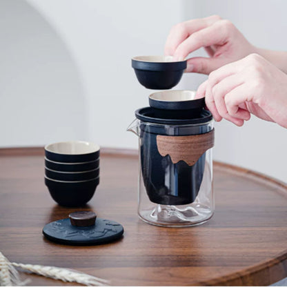 觀山浮雕蓋玻璃一壺六杯旅行茶具 茶水分離 戶外露營大容量功夫快客杯 Mountain Embossed Glass Travel Tea Set with 6 Cups, Large Capacity Camping Tea Kit