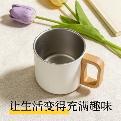 白杯木把手不鏽鋼咖啡杯 簡約 ins 風水杯 家用辦公防燙喝水杯 White Stainless Steel Mug with Wooden Handle, Minimalist Ins-Style Cup