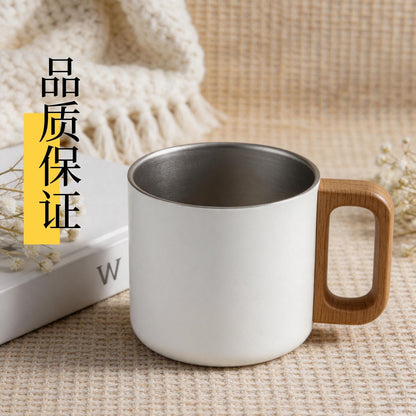 白杯木把手不鏽鋼咖啡杯 簡約 ins 風水杯 家用辦公防燙喝水杯 White Stainless Steel Mug with Wooden Handle, Minimalist Ins-Style Cup