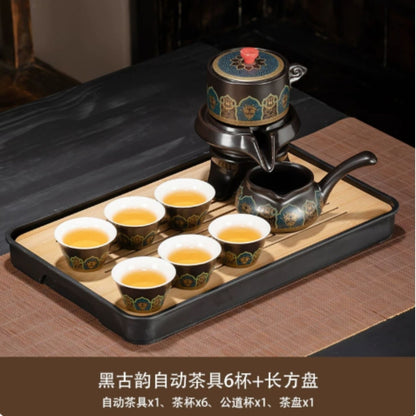 黑古韻琺瑯自動功夫茶具套裝 一壺六杯公道杯帶長方茶盤 家用會客懶人沖泡整套茶具 Vintage Black Enamel Auto Brewing Tea Set with 6 Cups & Bamboo Tray for Home Reception
