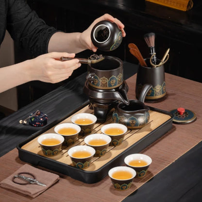 黑古韻琺瑯自動功夫茶具套裝 一壺六杯公道杯帶長方茶盤 家用會客懶人沖泡整套茶具 Vintage Black Enamel Auto Brewing Tea Set with 6 Cups & Bamboo Tray for Home Reception