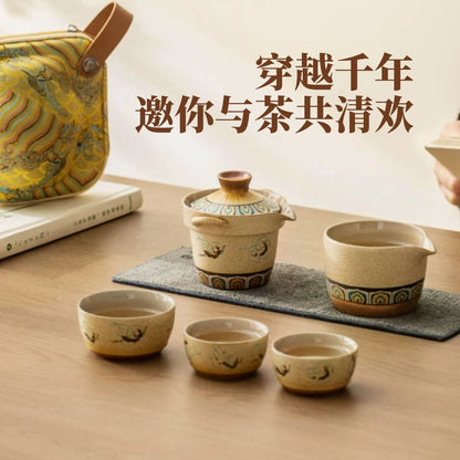 敦煌飛天復古粗陶快客杯 國潮便攜一壺三杯 文創旅行隨身功夫茶具 Dunhuang Flying Apsaras Retro Clay Travel Tea Set, National Trend Portable Tea Kit