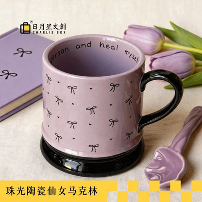 粉紫蝴蝶結陶瓷馬克杯 少女風水杯 家用辦公咖啡牛奶杯 Light Pink Bow Print Ceramic Mug, Girly Water Cup for Home & Office