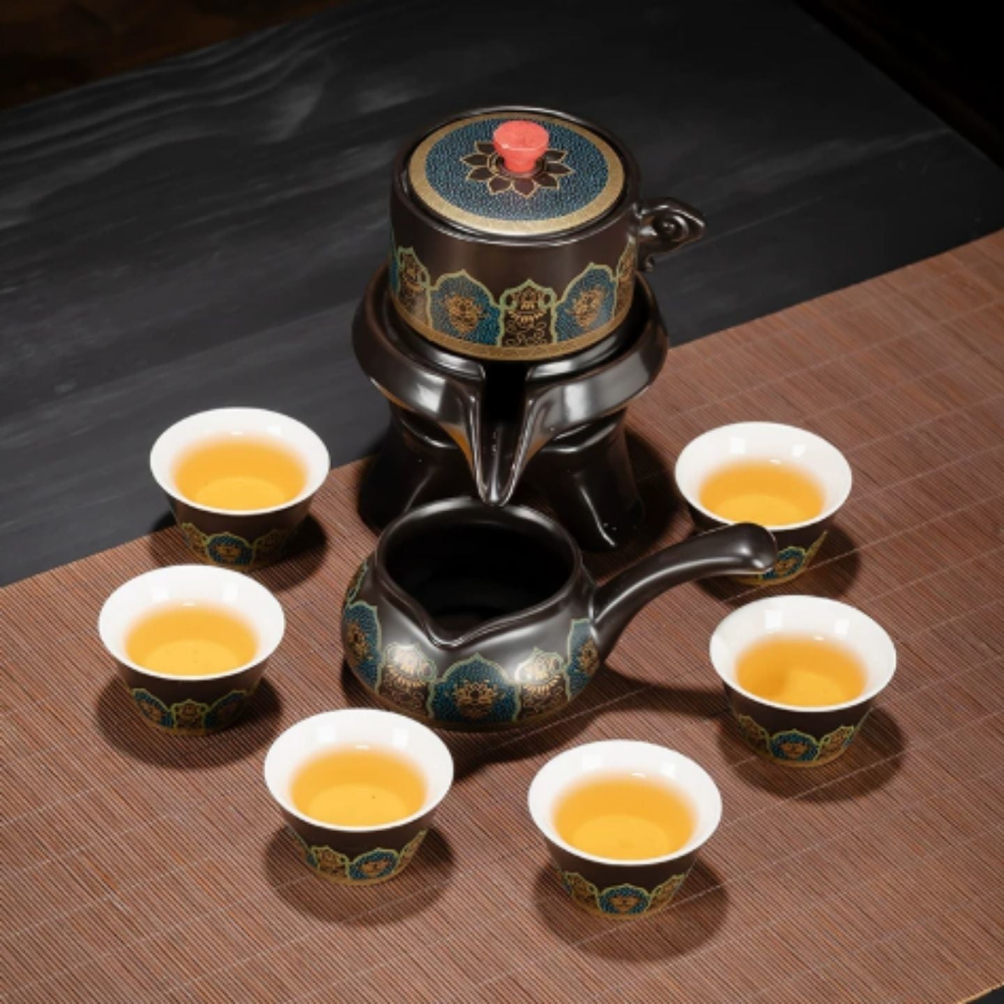 黑古韻琺瑯自動功夫茶具套裝 一壺六杯公道杯帶長方茶盤 家用會客懶人沖泡整套茶具 Vintage Black Enamel Auto Brewing Tea Set with 6 Cups & Bamboo Tray for Home Reception