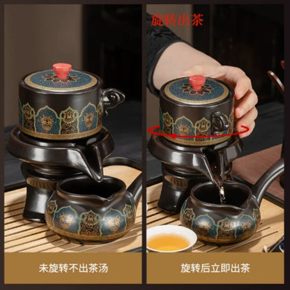 黑古韻琺瑯自動功夫茶具套裝 一壺六杯公道杯帶長方茶盤 家用會客懶人沖泡整套茶具 Vintage Black Enamel Auto Brewing Tea Set with 6 Cups & Bamboo Tray for Home Reception