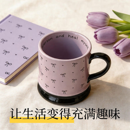 粉紫蝴蝶結陶瓷馬克杯 少女風水杯 家用辦公咖啡牛奶杯 Light Pink Bow Print Ceramic Mug, Girly Water Cup for Home & Office