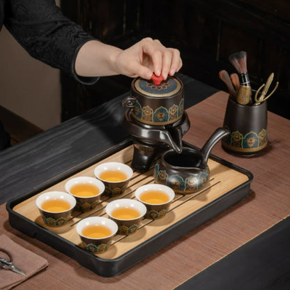 黑古韻琺瑯自動功夫茶具套裝 一壺六杯公道杯帶長方茶盤 家用會客懶人沖泡整套茶具 Vintage Black Enamel Auto Brewing Tea Set with 6 Cups & Bamboo Tray for Home Reception