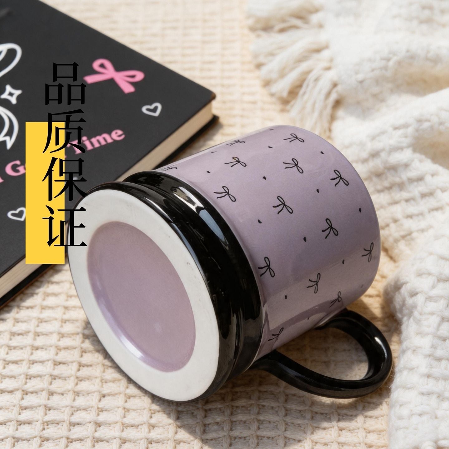 粉紫蝴蝶結陶瓷馬克杯 少女風水杯 家用辦公咖啡牛奶杯 Light Pink Bow Print Ceramic Mug, Girly Water Cup for Home & Office