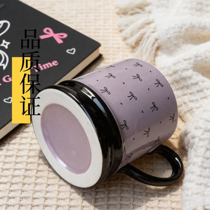 粉紫蝴蝶結陶瓷馬克杯 少女風水杯 家用辦公咖啡牛奶杯 Light Pink Bow Print Ceramic Mug, Girly Water Cup for Home & Office