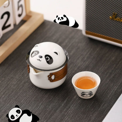 軟萌熊貓卡通單人快客杯 木圈隔熱一壺一杯 國潮文創辦公出差隨身泡茶器 Cute Panda Single-Serve Travel Tea Mug, National Trend Portable Office Tea Brewer