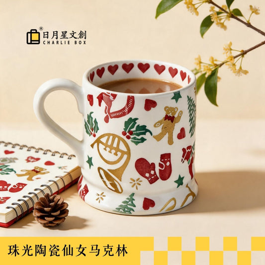 聖誕風彩繪陶瓷馬克杯 復古節日水杯 家用咖啡早餐牛奶杯 Christmas-themed Painted Ceramic Mug, Festive Cup for Coffee & Breakfast