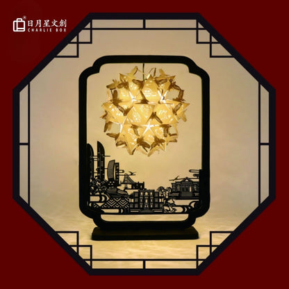 和風鳥居牡丹蝴蝶懸掛花球紙雕燈 黑色鐵藝框桌面氛圍小夜燈 新中式和風文創生日送禮擺件 Torii Peony Hanging Flower Ball Paper Carving Lamp, Iron Frame Ambient Night Light