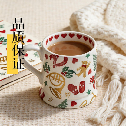 聖誕風彩繪陶瓷馬克杯 復古節日水杯 家用咖啡早餐牛奶杯 Christmas-themed Painted Ceramic Mug, Festive Cup for Coffee & Breakfast