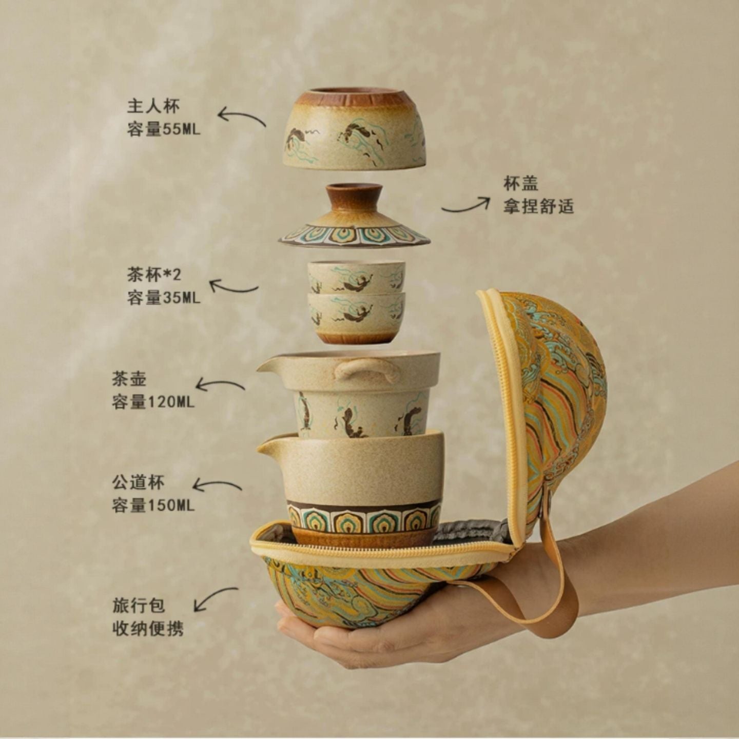 敦煌飛天復古粗陶快客杯 國潮便攜一壺三杯 文創旅行隨身功夫茶具 Dunhuang Flying Apsaras Retro Clay Travel Tea Set, National Trend Portable Tea Kit