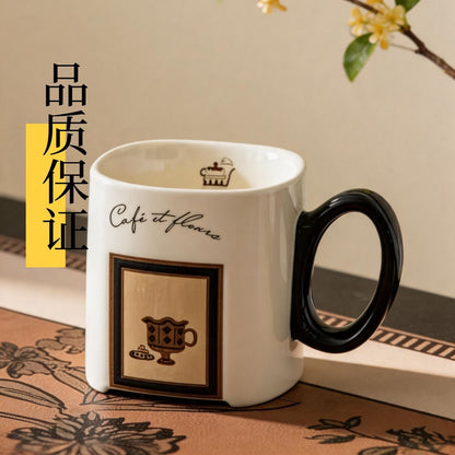 法式復古咖啡陶瓷馬克杯 ins 風方形水杯 家用辦公早餐咖啡杯 French Retro Coffee Print Ceramic Mug, Square Ins-Style Cup