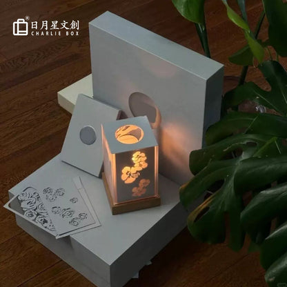 方形亞克力玫瑰DIY紙雕燈禮盒套裝 多套替換光影卡紙 桌面治癒系文創節日送禮小夜燈 Square Acrylic Rose DIY Paper Carving Lamp Gift Set, Replaceable Pattern Desk Night Light