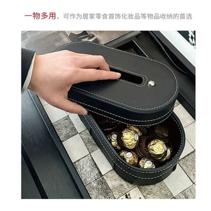 輕奢編織紋橢圓皮質紙巾盒 網紅ins風桌面抽紙盒 樣板房軟裝收納盒 Light Luxury Woven Texture Oval Leather Tissue Box, INS Style Napkin Holder