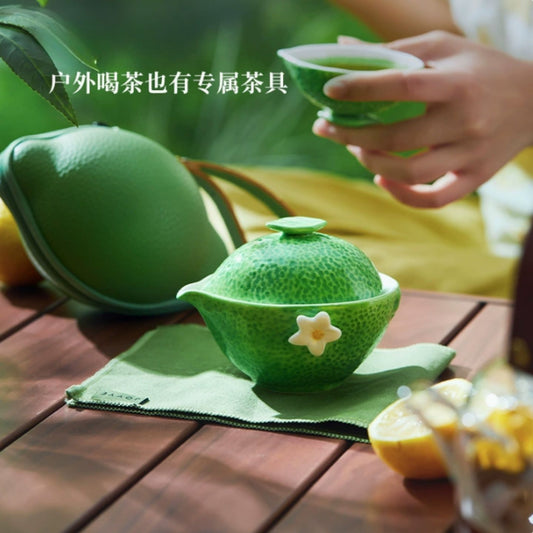 仿真檸檬陶瓷旅行茶具 黃綠兩款一壺兩杯 戶外露營清新水果隨身泡茶套裝 Lemon Textured Fresh Travel Tea Set for Two People, Camping Fruit Style Portable Tea Kit