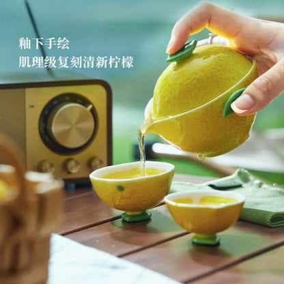仿真檸檬陶瓷旅行茶具 黃綠兩款一壺兩杯 戶外露營清新水果隨身泡茶套裝 Lemon Textured Fresh Travel Tea Set for Two People, Camping Fruit Style Portable Tea Kit