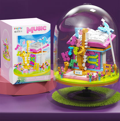 微顆粒積木吉他鋼琴音樂盒透明罩擺件創意生日禮物 Micro Particle Building Blocks Guitar Piano Music Box with Transparent Cover Creative Birthday Ornament Gift