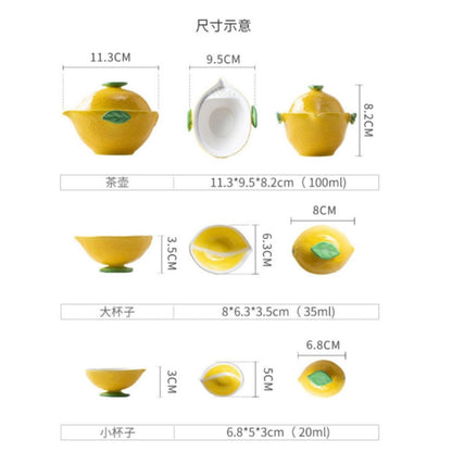 仿真檸檬陶瓷旅行茶具 黃綠兩款一壺兩杯 戶外露營清新水果隨身泡茶套裝 Lemon Textured Fresh Travel Tea Set for Two People, Camping Fruit Style Portable Tea Kit