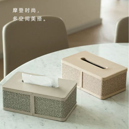 侘寂風麻紋拼接皮質紙巾盒 長方形客廳抽紙盒 餐廳酒店軟裝裝飾盒 Wabi-sabi Linen Splicing Leather Tissue Box, Rectangular Home Napkin Box