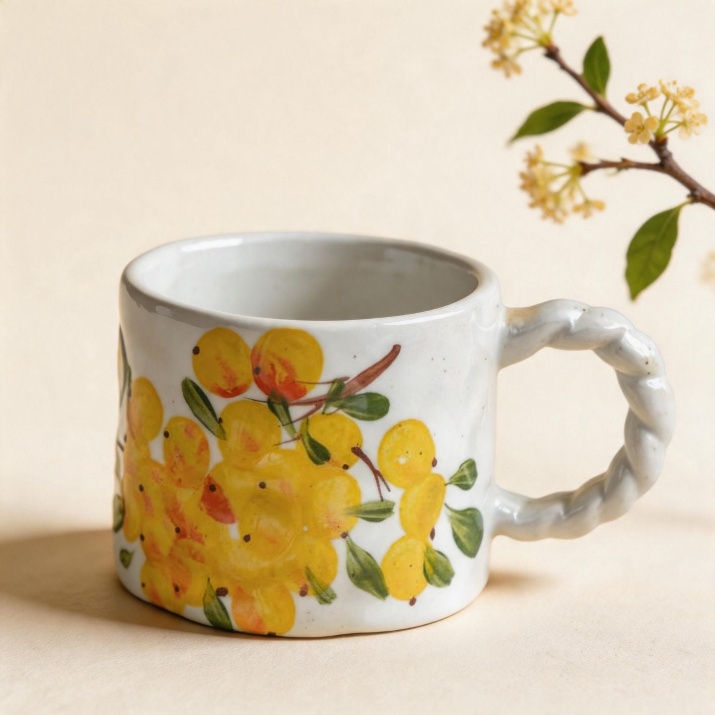 手繪黃果麻花把手陶瓷馬克杯 田園風水杯 家用辦公咖啡早餐杯 Hand-painted Yellow Fruit Twisted Handle Ceramic Mug, Pastoral Cup