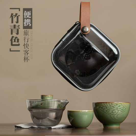 竹青色開片青瓷祥雲便攜快客杯 一壺兩杯透明收納包 新中式禪意出差隨身功夫茶具 Bamboo Green Crackle Celadon Cloud Travel Tea Set with Transparent Carry Pouch