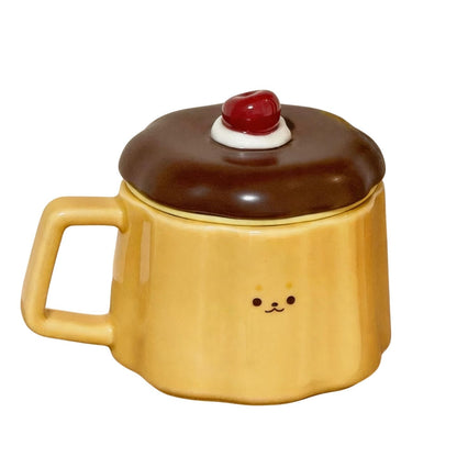 布丁款帶蓋陶瓷馬克杯 可愛櫻桃水杯 家用辦公咖啡早餐杯 Pudding-shaped Ceramic Mug with Lid, Cute Cherry Water Cup for Home & Office